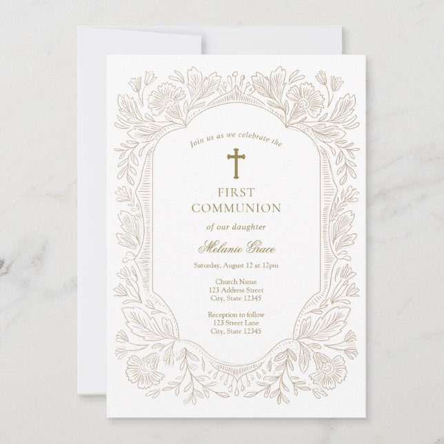 Convites Elegant Gold Floral Traditional First Communion  (Frente)