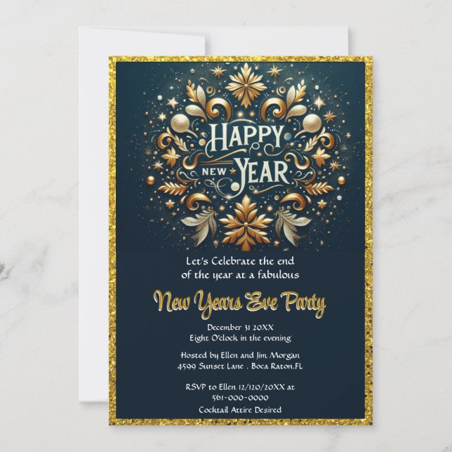 Convites Elegant Gold Flourish New Years Eve Party  (Frente)