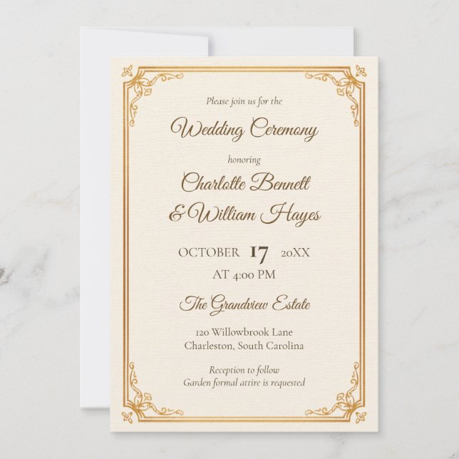 Convites Elegant Gold Frame Classic Wedding Invitation (Frente)