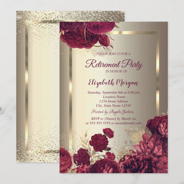 Convites Elegant Gold Frame Confetti Roses Gold Retirement  (Frente/Verso)