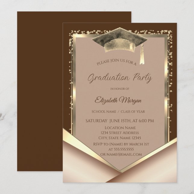 Convites Elegant Gold Frame Diamonds Brown Graduation (Frente/Verso)