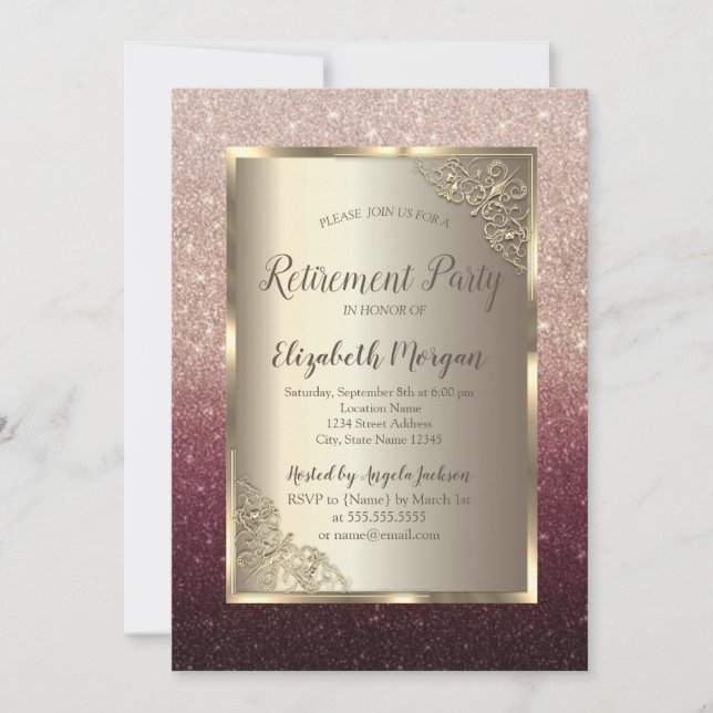 Convites Elegant Gold Frame Glitter Ombre Retirement  (Frente)