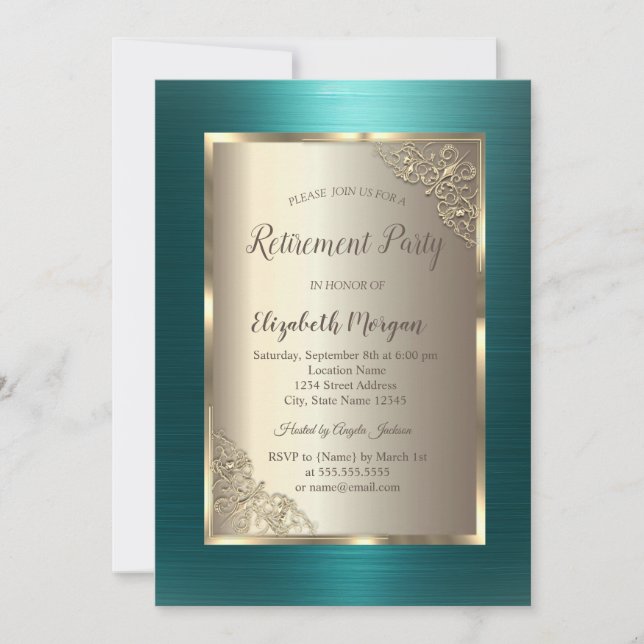 Convites Elegant Gold Frame Green Metallic Retirement  (Frente)