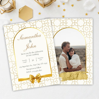 Convites Elegant Gold Geometric Arch Photo Back Wedding