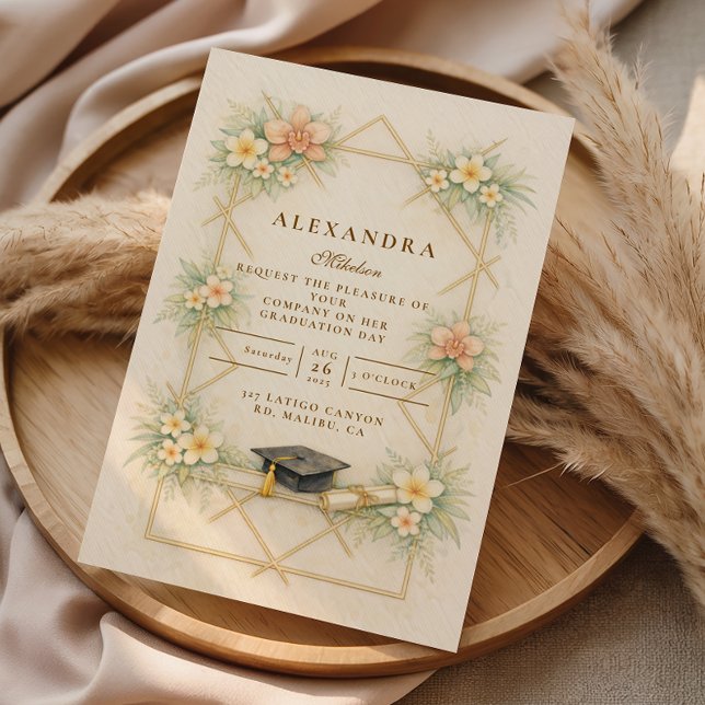 Convites Elegant Gold Geometric Floral Graduation Celebrati (Criador carregado)