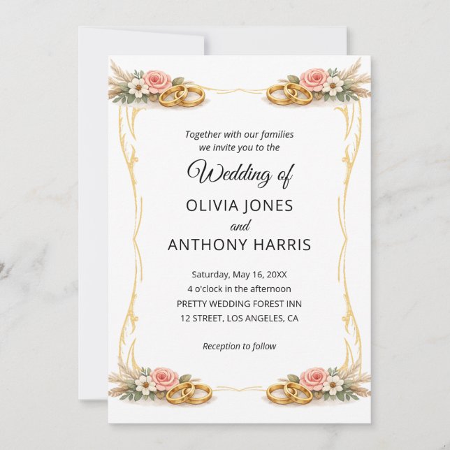 Convites Elegant Gold Geometric Rustic Floral Wedding  (Frente)