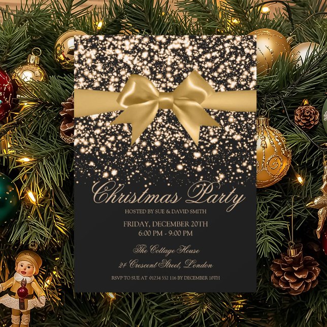 Convites Elegant Gold Glam Bow Christmas Party  (Elegant Gold Glam Bow Christmas Party Invitation)