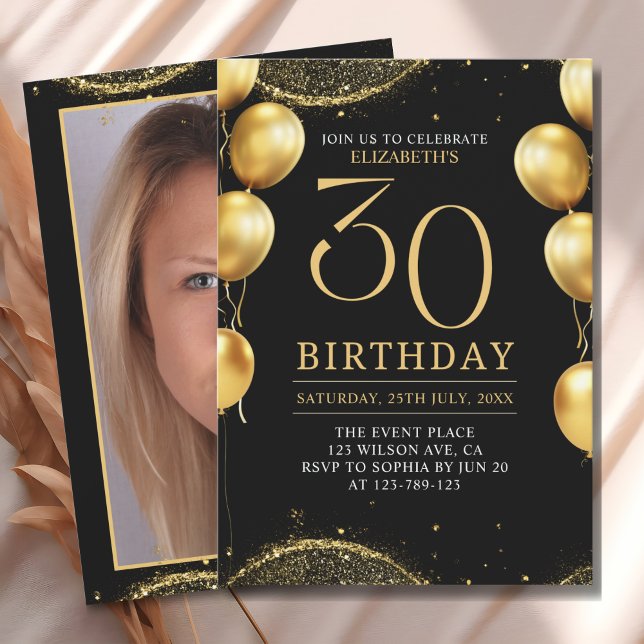 Convites Elegant Gold Glitter Birthday 30th with Balloons (Criador carregado)