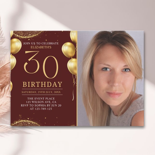 Convites Elegant Gold Glitter Birthday 30th With Photo (Criador carregado)