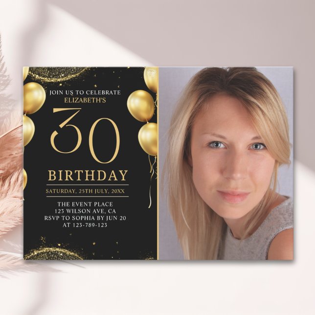 Convites Elegant Gold Glitter Birthday 30th With Photo (Criador carregado)