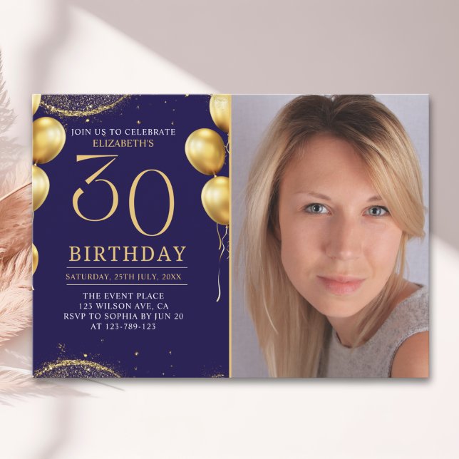 Convites Elegant Gold Glitter Birthday 30th With Photo (Criador carregado)