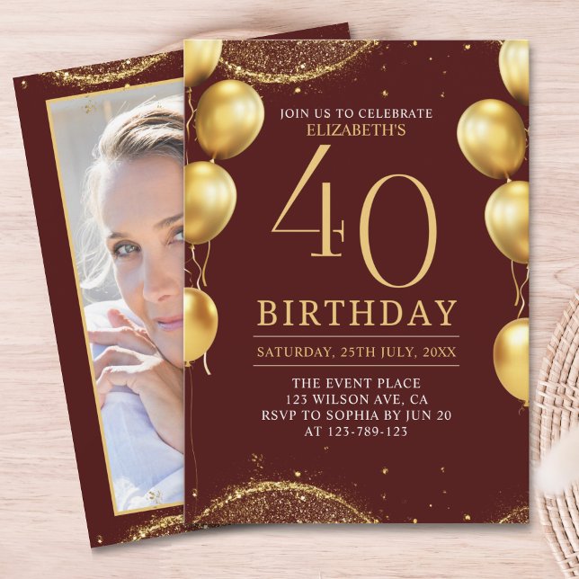 Convites Elegant Gold Glitter Birthday 40th with Balloons (Criador carregado)