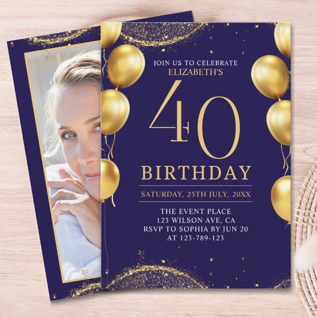 Convites Elegant Gold Glitter Birthday 40th with Balloons (Criador carregado)