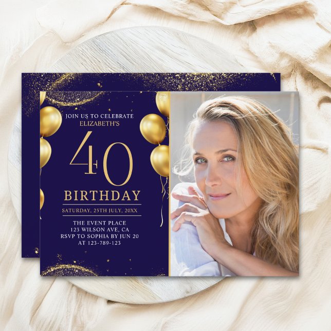 Convites Elegant Gold Glitter Birthday 40th With Photo (Criador carregado)