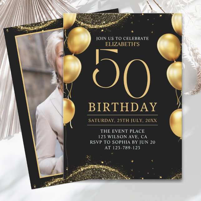Convites Elegant Gold Glitter Birthday 50th with Balloons (Criador carregado)