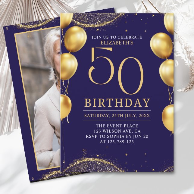 Convites Elegant Gold Glitter Birthday 50th with Balloons (Criador carregado)