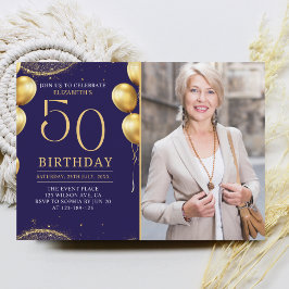 Convites Elegant Gold Glitter Birthday 50th With Photo