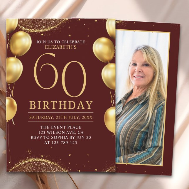 Convites Elegant Gold Glitter Birthday 60th with Balloons (Criador carregado)