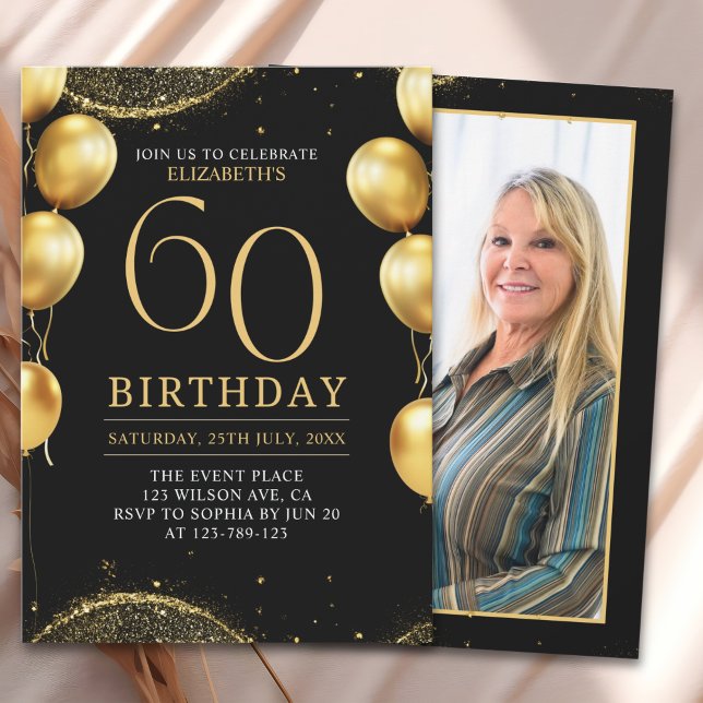 Convites Elegant Gold Glitter Birthday 60th with Balloons (Criador carregado)