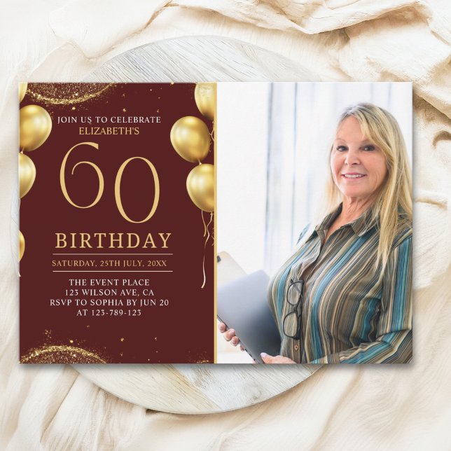 Convites Elegant Gold Glitter Birthday 60th With Photo (Criador carregado)