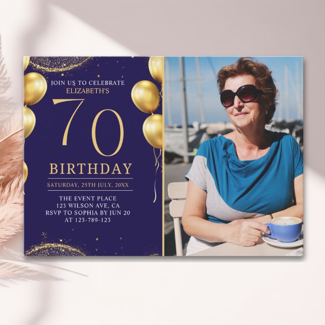 Convites Elegant Gold Glitter Birthday 70th With Photo (Criador carregado)