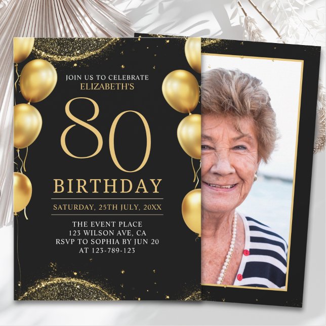 Convites  Elegant Gold Glitter Birthday 80th with Ballons (Criador carregado)