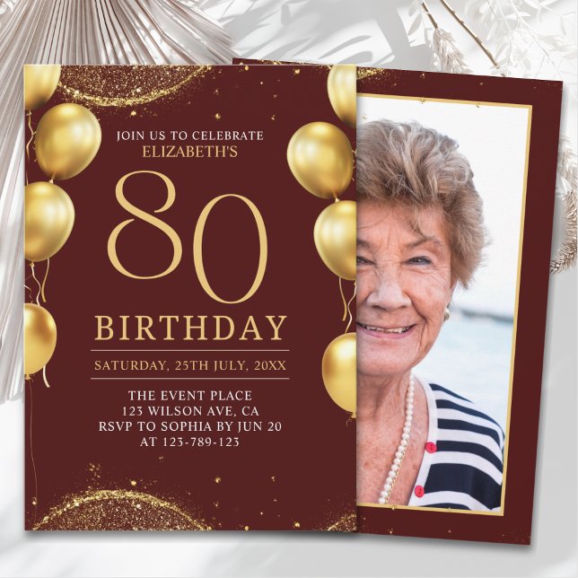 Convites  Elegant Gold Glitter Birthday 80th with Ballons (Criador carregado)