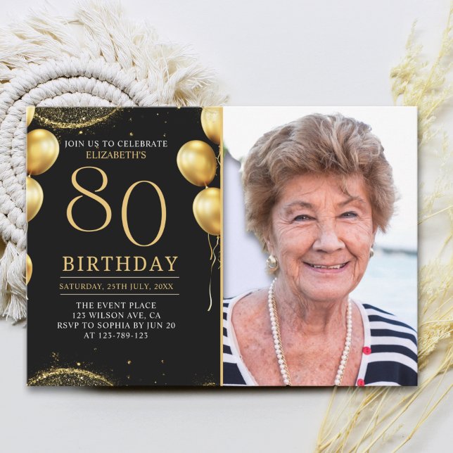 Convites Elegant Gold Glitter Birthday 80th With Photo (Criador carregado)