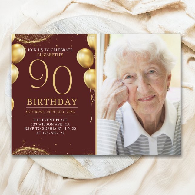 Convites Elegant Gold Glitter Birthday 90th With Photo (Criador carregado)