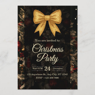 Convites Elegant Gold Glitter Bow Dark Christmas Party