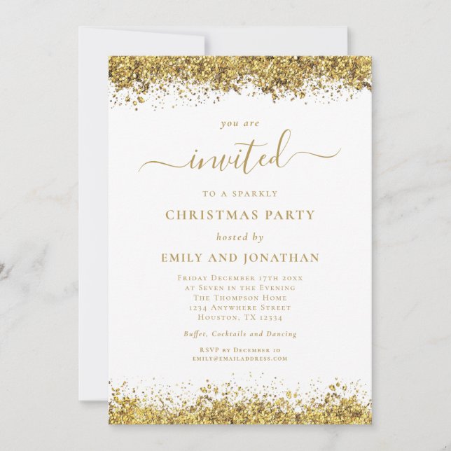 Convites Elegant Gold Glitter Script Christmas Party (Frente)