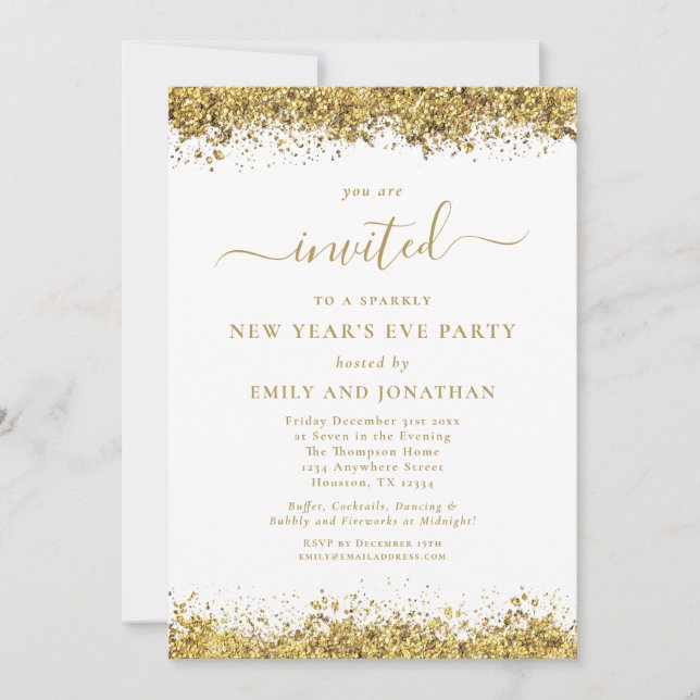 Convites Elegant Gold Glitter Script New Years Eve Party (Frente)