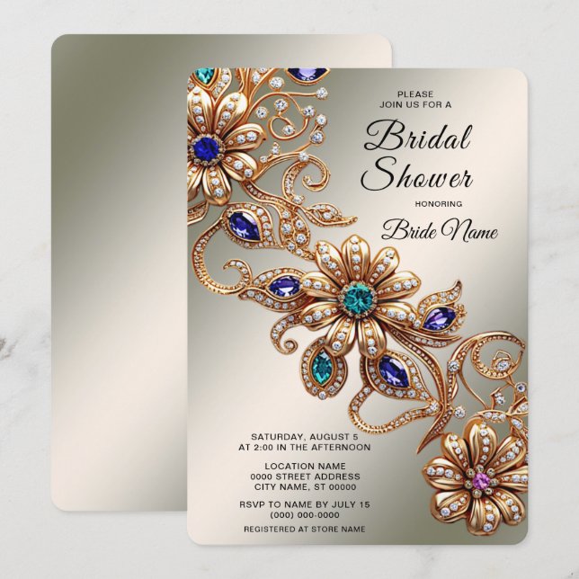 Convites Elegant Gold Jewel Flowers Bridal Shower (Frente/Verso)