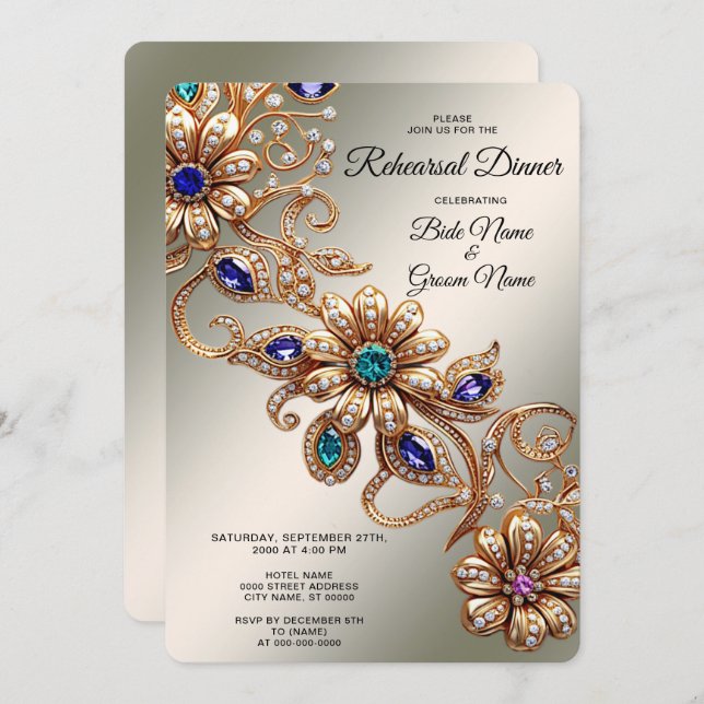 Convites Elegant Gold Jewel Flowers Rehearsal Dinner (Frente/Verso)