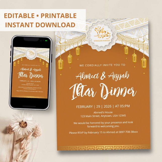 Convites Elegant Gold Lantern Islamic Pattern Ramadan iftar (Criador carregado)