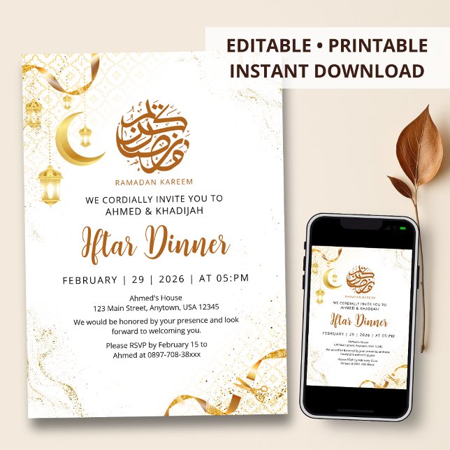 Convites Elegant Gold Lantern & Ribbon Ramadan Iftar Dinner (Criador carregado)