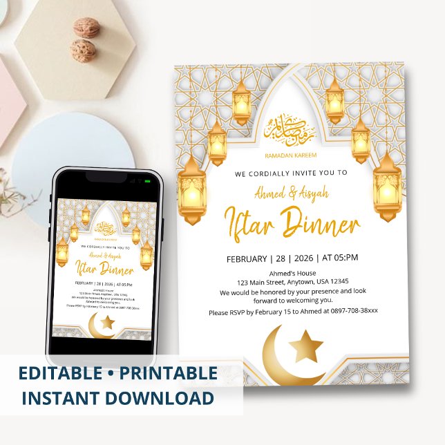 Convites Elegant Gold Lantern & White Geometric Arch Iftar  (Criador carregado)