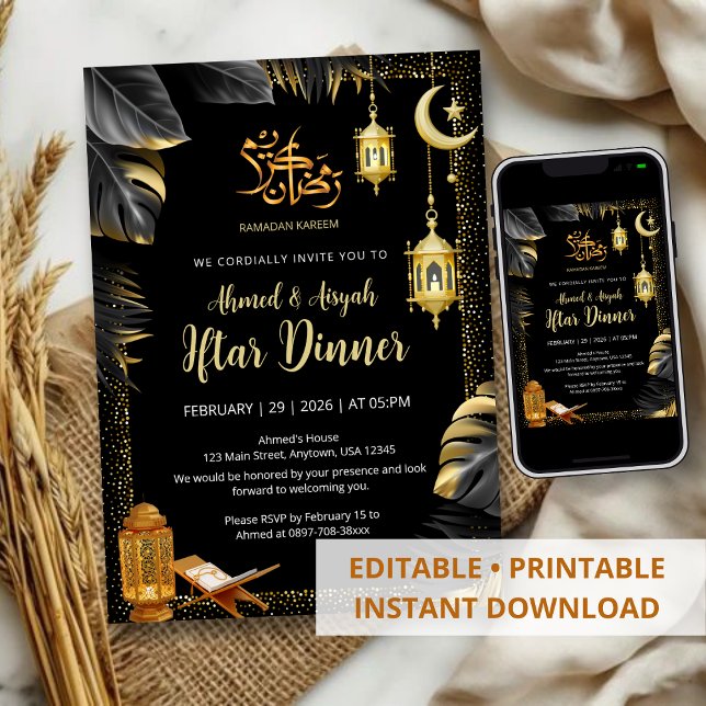 Convites Elegant Gold Lanterns and Monstera Ramadan Iftar (Criador carregado)