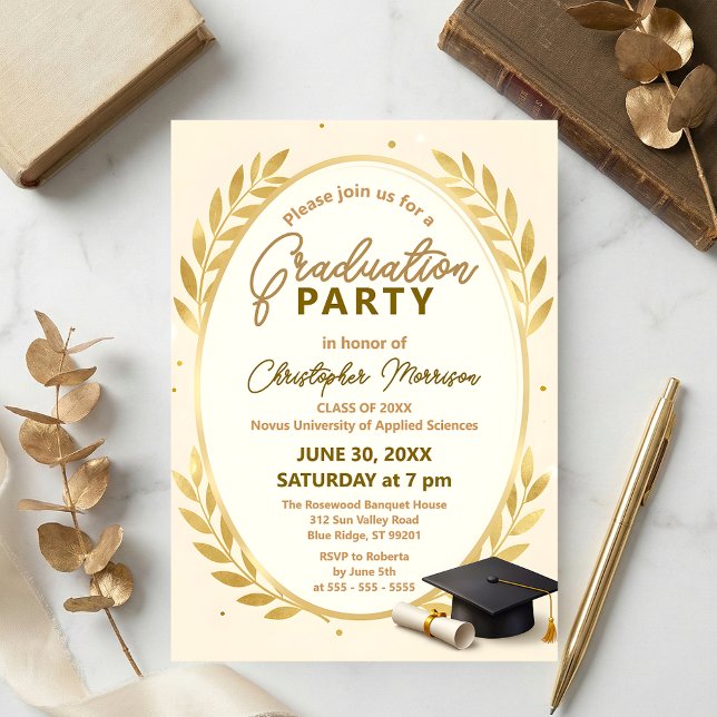 Convites Elegant Gold Laurel Wreath & Cap Graduation Party (Criador carregado)