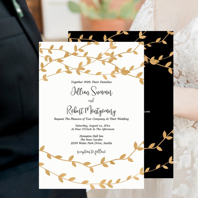 Convites Elegant Gold Leaves Black White Wedding (Elegant Gold Leaves Black White Wedding Invitation with RSVP)