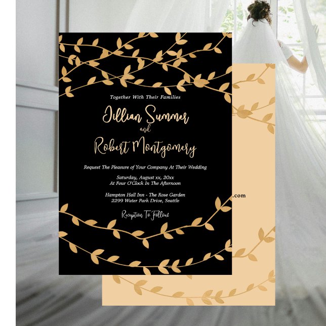 Convites Elegant Gold Leaves with Black Wedding Invitation (Elegant Gold Leaves With Black Wedding Invitation with RSVP)