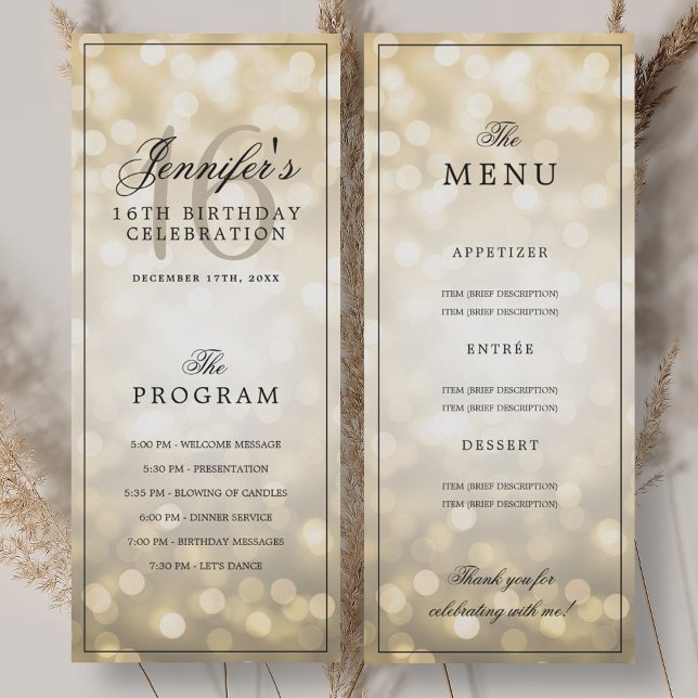 Convites Elegant Gold Lights 16th Birthday Program Menu  (Elegant Gold Lights 16th Birthday Program Menu )