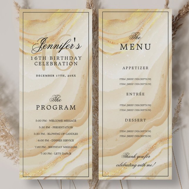 Convites Elegant Gold Marble 16th Birthday Program Menu  (Elegant Gold Marble 16th Birthday Program Menu)