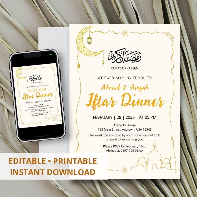 Convites Elegant Gold Ramadan Kareem Iftar Dinner (Criador carregado)