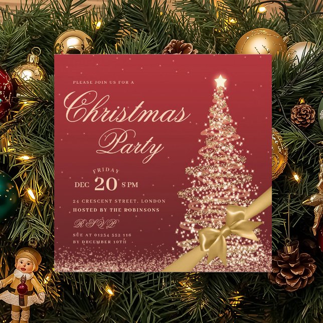 Convites Elegant Gold Red Winter Christmas Tree Bow Party  (Elegant Gold Red Winter Christmas Tree Bow Party Invitation)