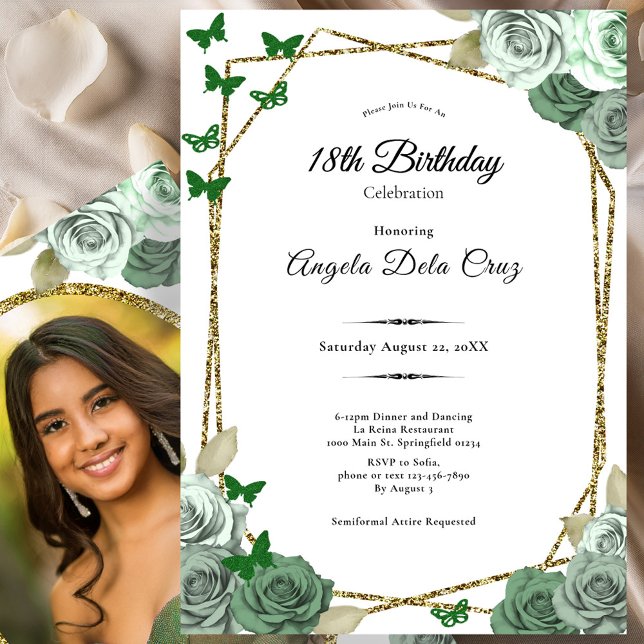 Convites Elegant Gold Sage Green Rose 18th Birthday Debut  (Criador carregado)