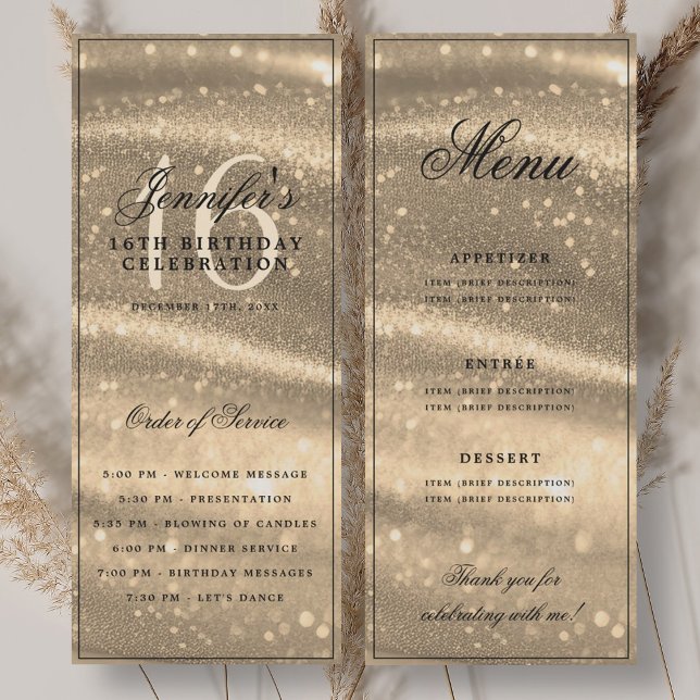Convites Elegant Gold Sparkle 16th Birthday Program Menu (Elegant Gold Sparkle 16th Birthday Program Menu)