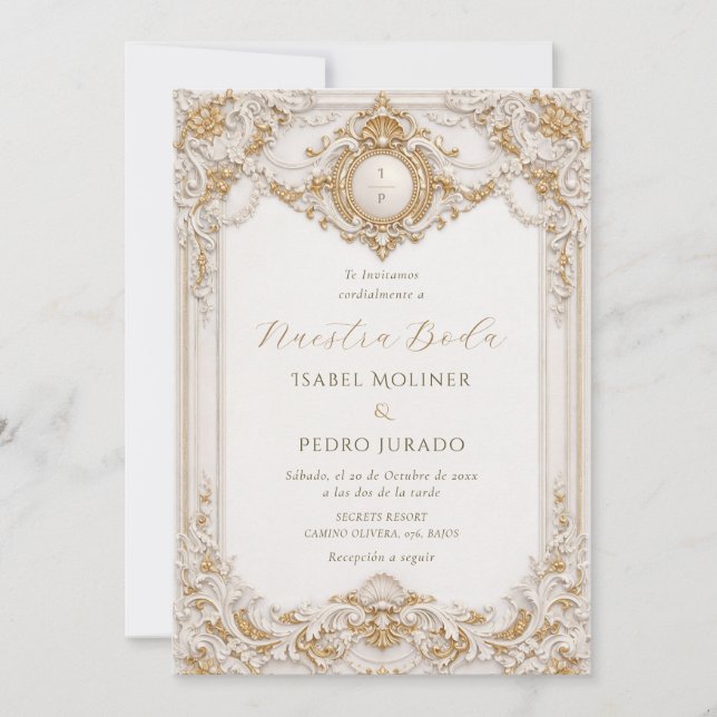 Convites Elegant Gold & White Baroque Nuestra Boda Wedding (Frente)