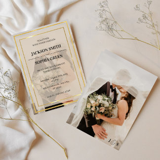 Convites Elegant Golden Frame Photo Wedding Invitation