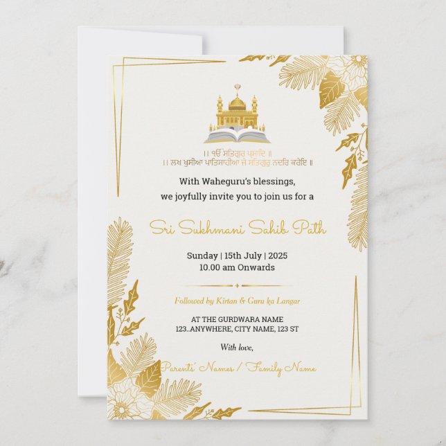 Convites Elegant Golden Sukhmani Sahib Path Invitation (Frente)
